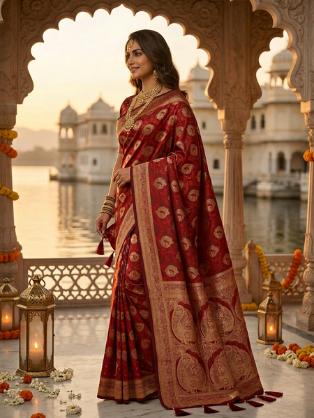 Bridal Red Banarasi Silk Saree with Golden Paisley Zari Work, Rich Woven Border & Traditional Designer Pallu for Women