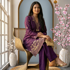 Heritage Elegance: Deep Purple Embroidered Kurta Co-ord Set with Tassels