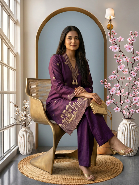 Heritage Elegance: Deep Purple Embroidered Kurta Co-ord Set with Tassels