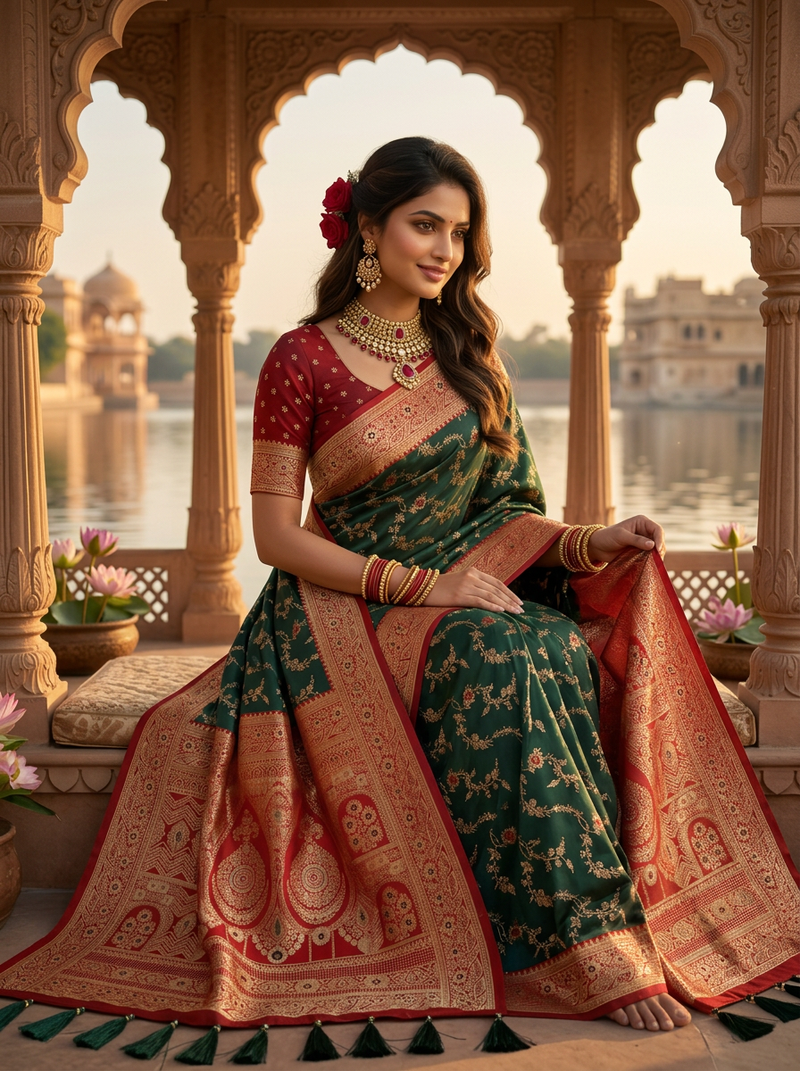 Majestic Bottle Green Banarasi Silk Saree with Crimson Red Contrast Border & Blouse Piece