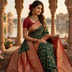 Majestic Bottle Green Banarasi Silk Saree with Crimson Red Contrast Border & Blouse Piece