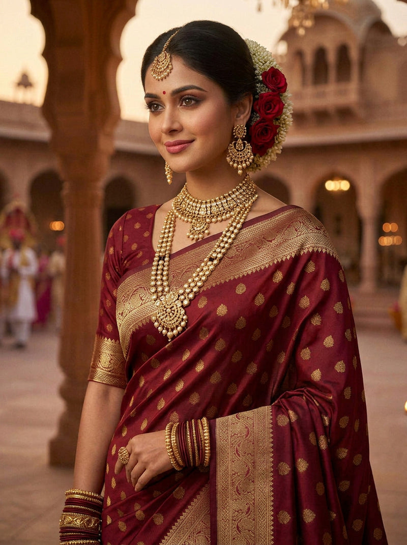 Maroon Banarasi Silk Saree with Golden Zari Butti Work, Traditional Woven Border & Rich Pallu for Women