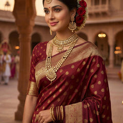 Maroon Banarasi Silk Saree with Golden Zari Butti Work, Traditional Woven Border & Rich Pallu for Women