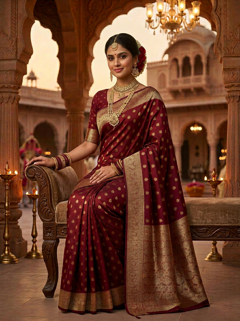 Maroon Banarasi Silk Saree with Golden Zari Butti Work, Traditional Woven Border & Rich Pallu for Women