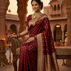Maroon Banarasi Silk Saree with Golden Zari Butti Work, Traditional Woven Border & Rich Pallu for Women