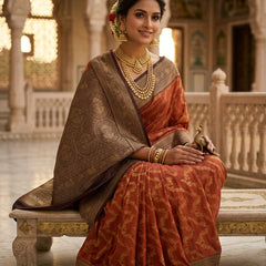 Rust Orange Art Silk Banarasi Saree with Deep Brown Contrast Border & Blouse Piece
