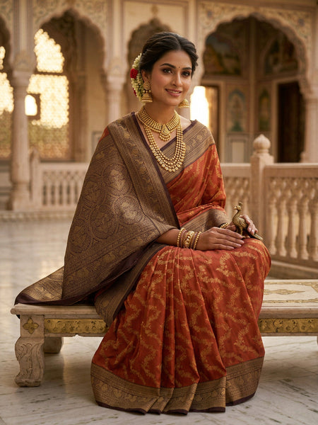 Rust Orange Art Silk Banarasi Saree with Deep Brown Contrast Border & Blouse Piece