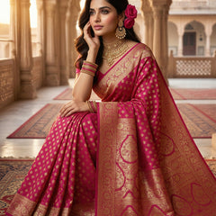 Rani Pink Banarasi Silk Saree with Golden Zari Butti Work, Rich Woven Border & Designer Pallu for Women