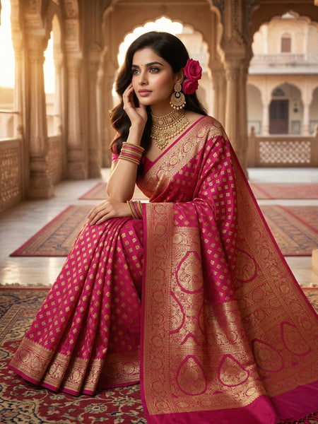 Rani Pink Banarasi Silk Saree with Golden Zari Butti Work, Rich Woven Border & Designer Pallu for Women