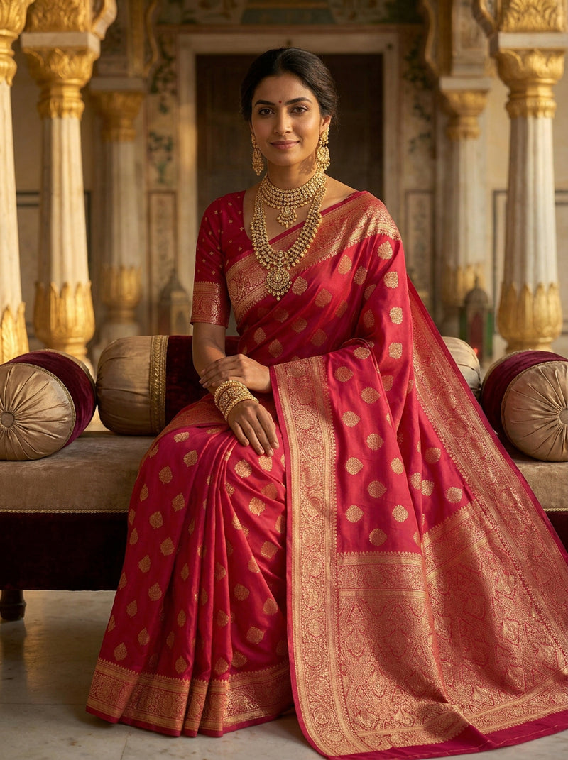 Rani Pink Banarasi Silk Saree with Golden Zari Butti Work, Traditional Woven Border & Rich Designer Pallu for Women