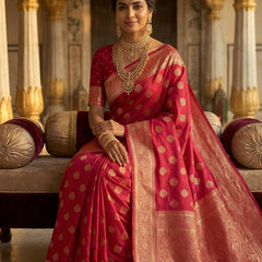 Rani Pink Banarasi Silk Saree with Golden Zari Butti Work, Traditional Woven Border & Rich Designer Pallu for Women