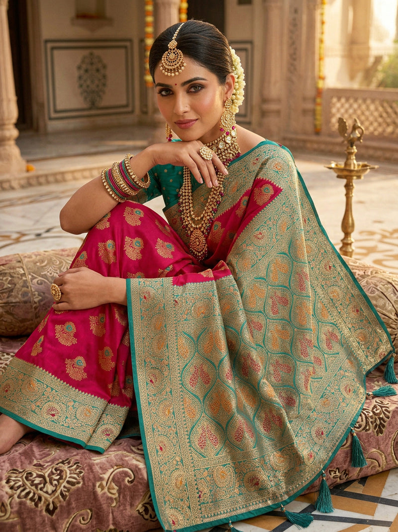 Vibrant Rani Pink Art Silk Banarasi Saree with Teal Green Contrast Border & Blouse Piece