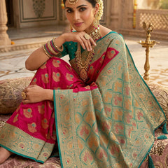 Vibrant Rani Pink Art Silk Banarasi Saree with Teal Green Contrast Border & Blouse Piece