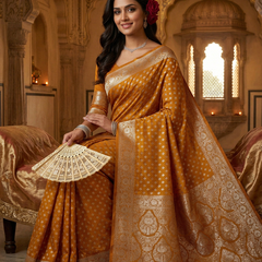 Mustard Yellow Banarasi Silk Saree with Golden Zari Butti Work, Woven Border & Rich Designer Pallu for Women