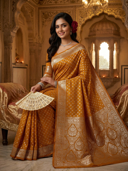 Mustard Yellow Banarasi Silk Saree with Golden Zari Butti Work, Woven Border & Rich Designer Pallu for Women