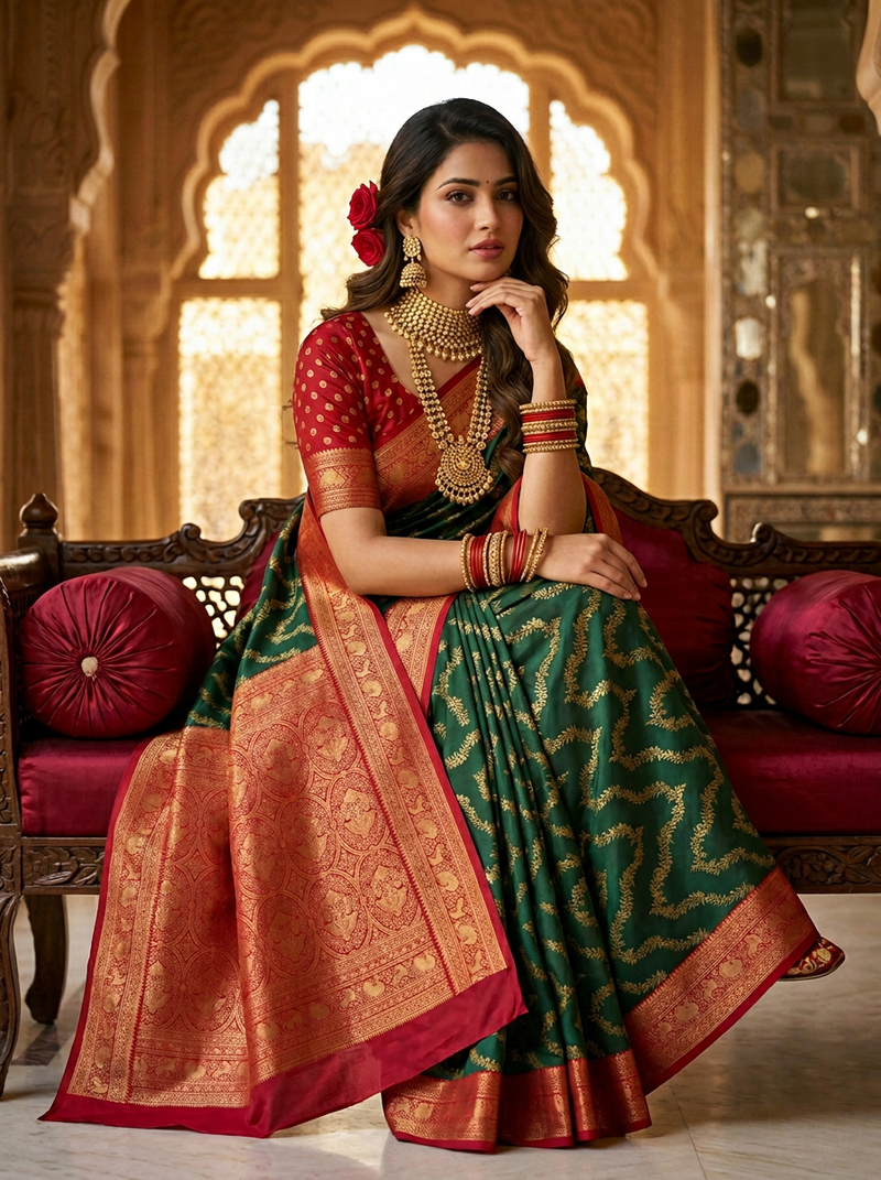 Bottle Green & Red Jaal Motifs Banarasi Silk Saree