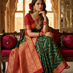 Bottle Green & Red Jaal Motifs Banarasi Silk Saree
