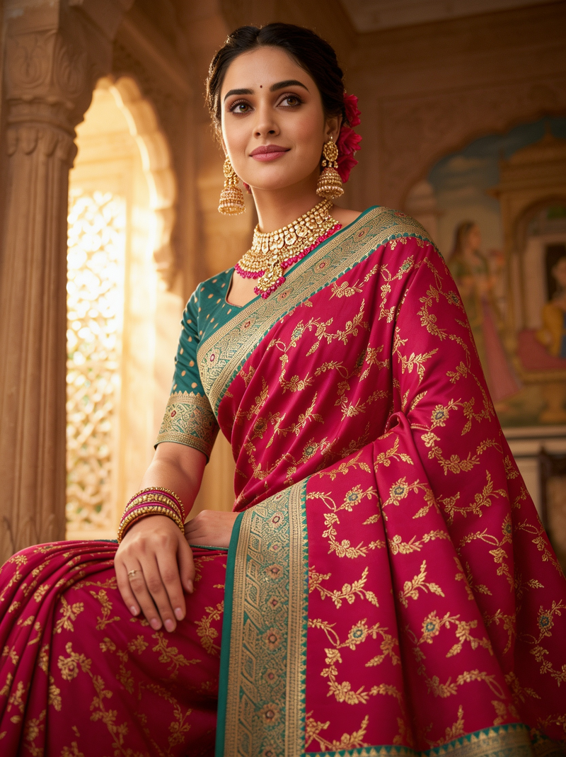 Vibrant Magenta Pink Art Silk Banarasi Saree with Sea Green Contrast Border & Blouse Piece