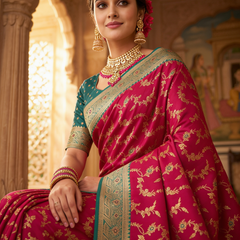 Vibrant Magenta Pink Art Silk Banarasi Saree with Sea Green Contrast Border & Blouse Piece