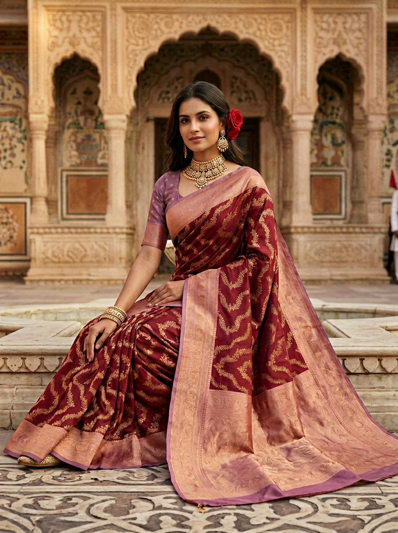 Maroon Red Art Silk Banarasi Saree with Dusty Lavender-Pink Contrast Pallu & Blouse Piece