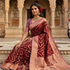 Maroon Red Art Silk Banarasi Saree with Dusty Lavender-Pink Contrast Pallu & Blouse Piece
