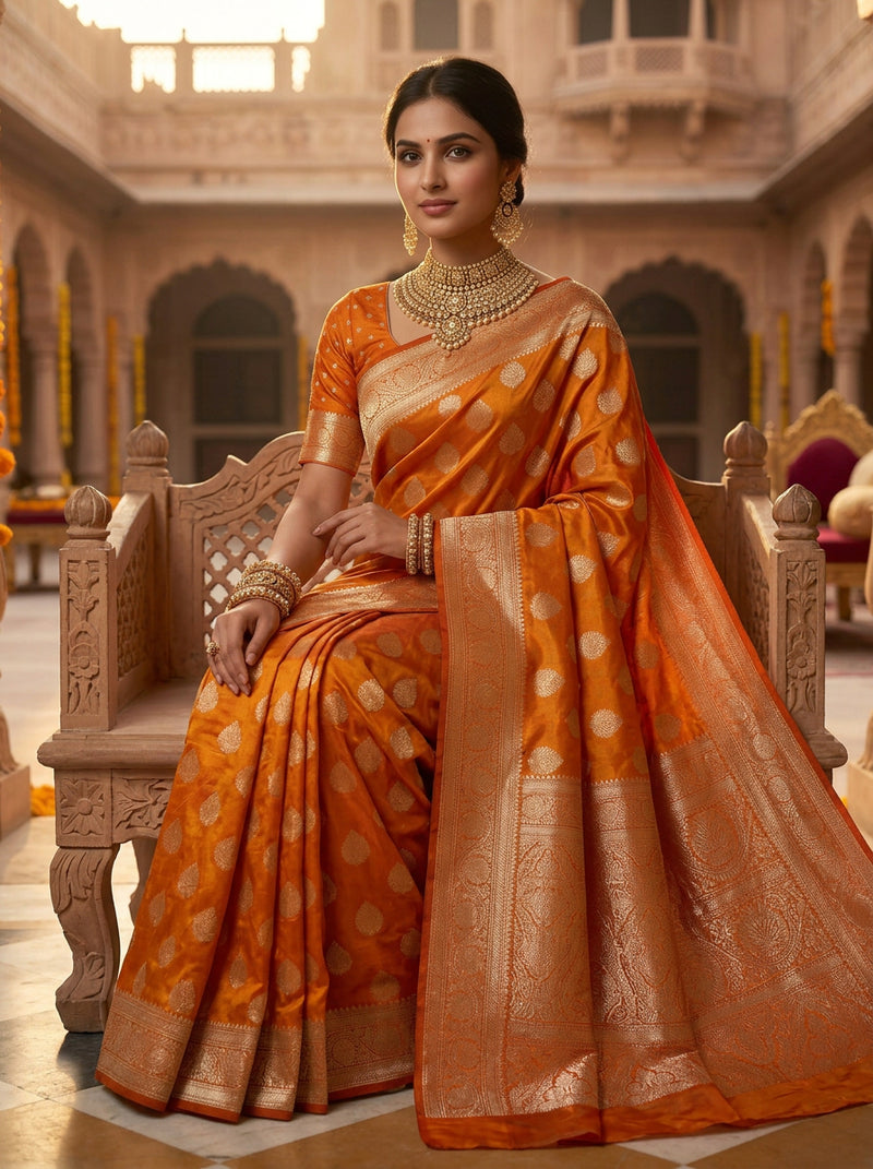 Orange Banarasi Silk Saree with Golden Zari Butti Work, Rich Woven Border & Traditional Designer Pallu for Women
