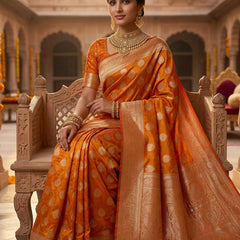 Orange Banarasi Silk Saree with Golden Zari Butti Work, Rich Woven Border & Traditional Designer Pallu for Women