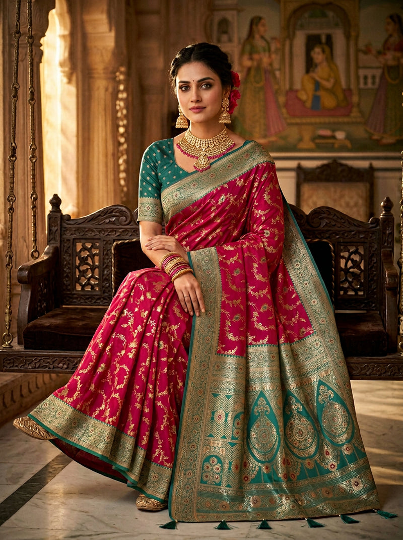 Vibrant Magenta Pink Art Silk Banarasi Saree with Sea Green Contrast Border & Blouse Piece