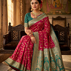 Vibrant Magenta Pink Art Silk Banarasi Saree with Sea Green Contrast Border & Blouse Piece