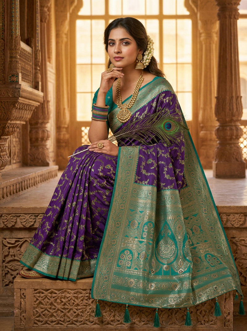 Royal Purple Art Silk Banarasi Saree with Peacock Blue Contrast Border & Blouse Piece