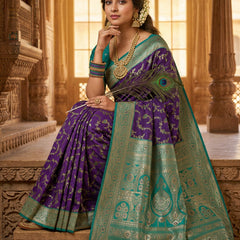 Royal Purple Art Silk Banarasi Saree with Peacock Blue Contrast Border & Blouse Piece