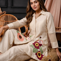Ivory Floral Embroidered Shirt-Style Co-ord with Cutwork Sleeves