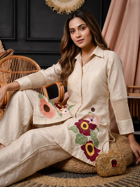 Ivory Floral Embroidered Shirt-Style Co-ord with Cutwork Sleeves