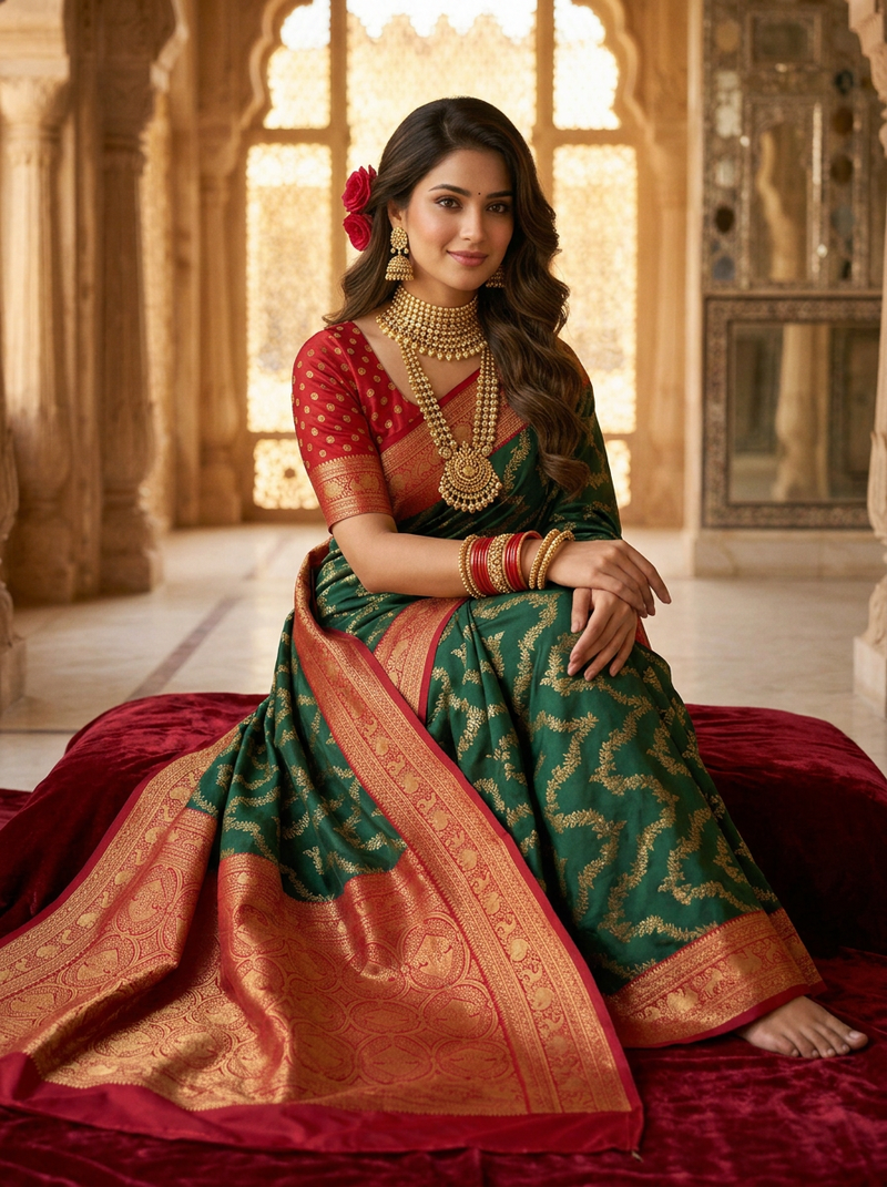 Bottle Green & Red Jaal Motifs Banarasi Silk Saree