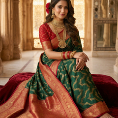 Bottle Green & Red Jaal Motifs Banarasi Silk Saree