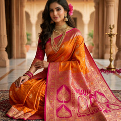 Radiant Mango Orange Art Silk Banarasi Saree with Pink Contrast Border & Blouse Piece
