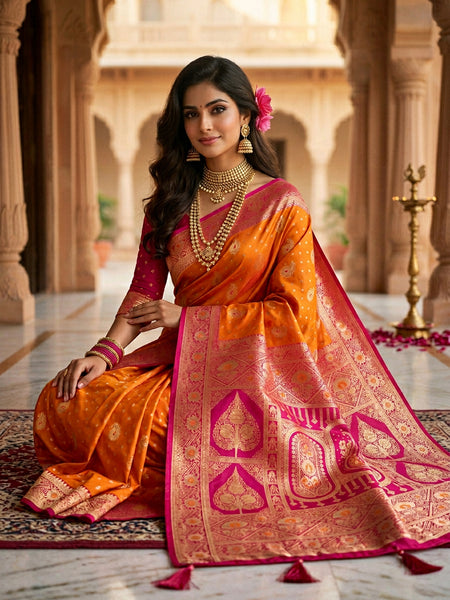 Radiant Mango Orange Art Silk Banarasi Saree with Pink Contrast Border & Blouse Piece
