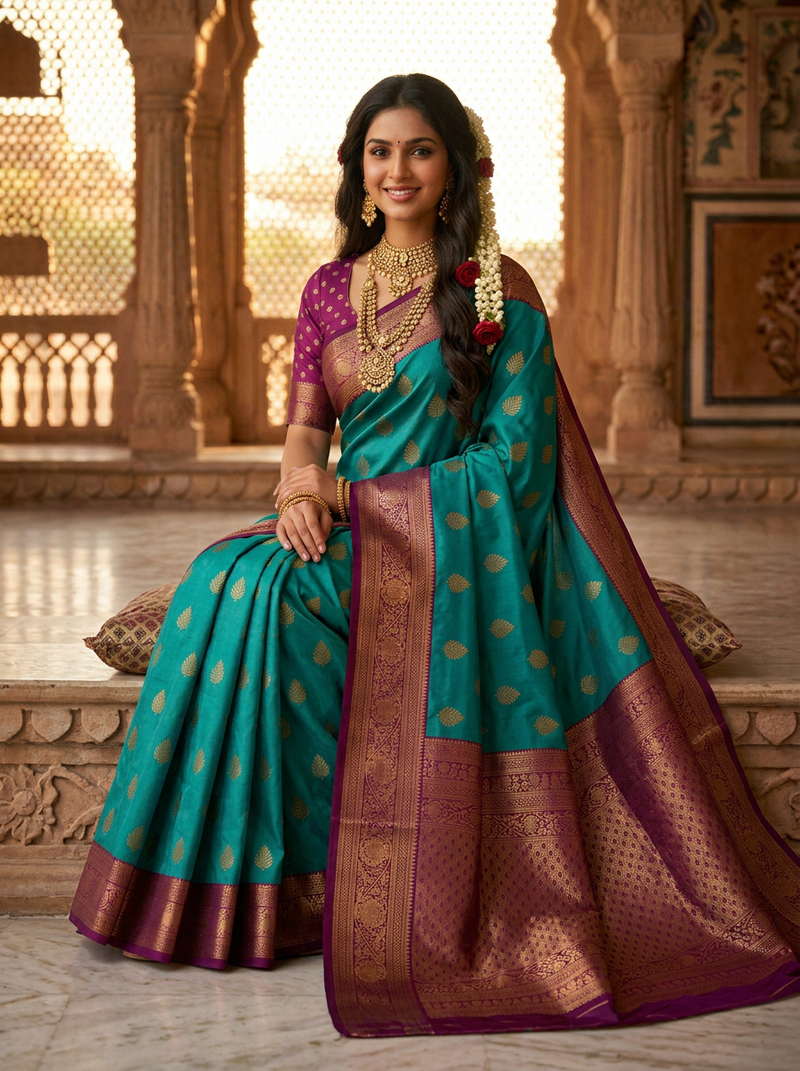 Peacock Blue & Royal Purple Motifs Banarasi Silk Saree