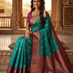 Peacock Blue & Royal Purple Motifs Banarasi Silk Saree