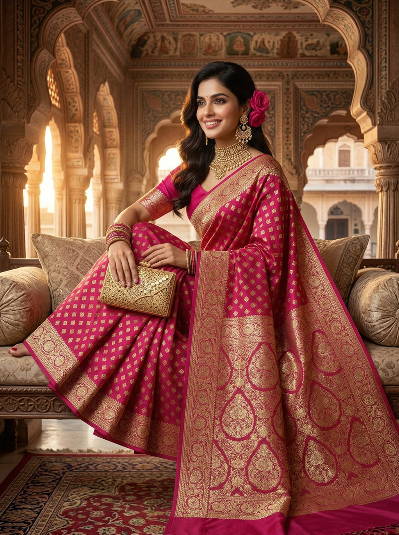 Rani Pink Banarasi Silk Saree with Golden Zari Butti Work, Rich Woven Border & Designer Pallu for Women