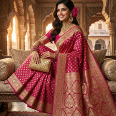 Rani Pink Banarasi Silk Saree with Golden Zari Butti Work, Rich Woven Border & Designer Pallu for Women