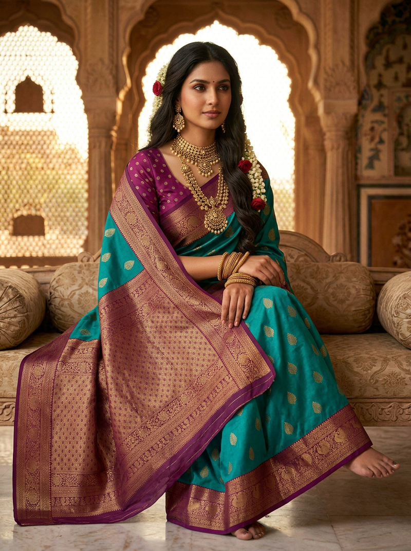 Peacock Blue & Royal Purple Motifs Banarasi Silk Saree