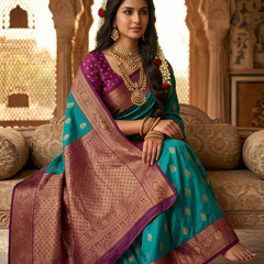 Peacock Blue & Royal Purple Motifs Banarasi Silk Saree