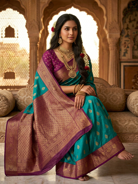 Peacock Blue & Royal Purple Motifs Banarasi Silk Saree