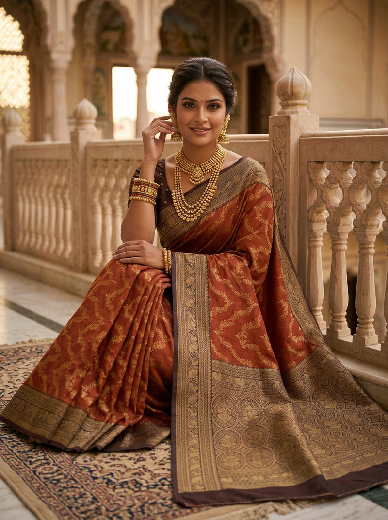 Rust Orange Art Silk Banarasi Saree with Deep Brown Contrast Border & Blouse Piece