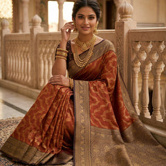 Rust Orange Art Silk Banarasi Saree with Deep Brown Contrast Border & Blouse Piece
