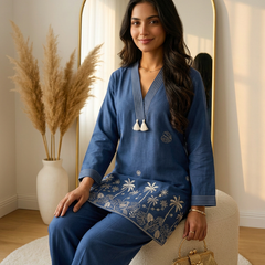 The Coastal Palm Co-ord: Slate Blue V-Neck Tunic Set with Tassels