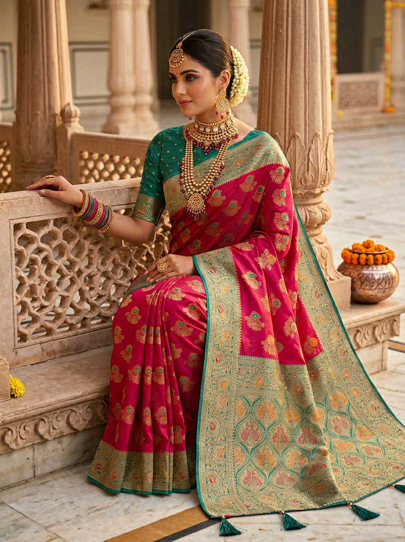 Vibrant Rani Pink Art Silk Banarasi Saree with Teal Green Contrast Border & Blouse Piece