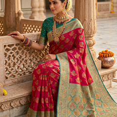 Vibrant Rani Pink Art Silk Banarasi Saree with Teal Green Contrast Border & Blouse Piece