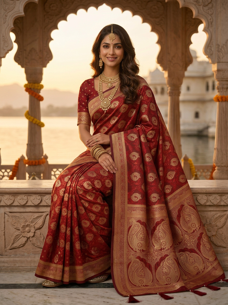 Bridal Red Banarasi Silk Saree with Golden Paisley Zari Work, Rich Woven Border & Traditional Designer Pallu for Women